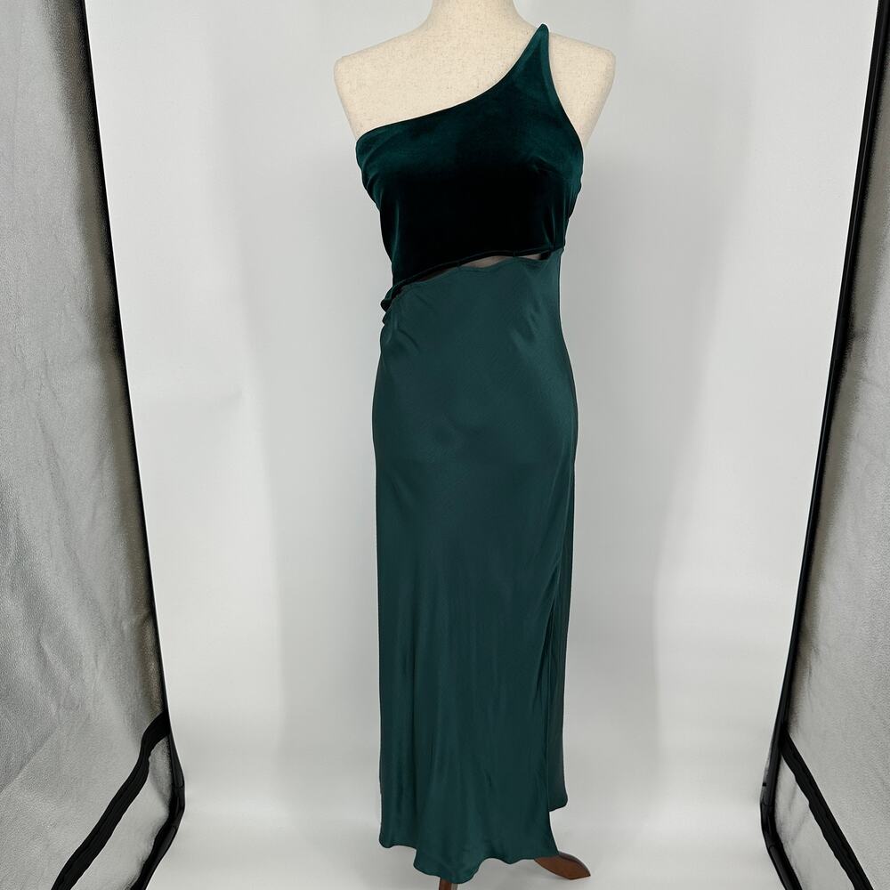 Topshop Petite One Shoulder Green Velvet and Satin Cut Out Midi Dress Womens 8 - Picture 2 of 12
